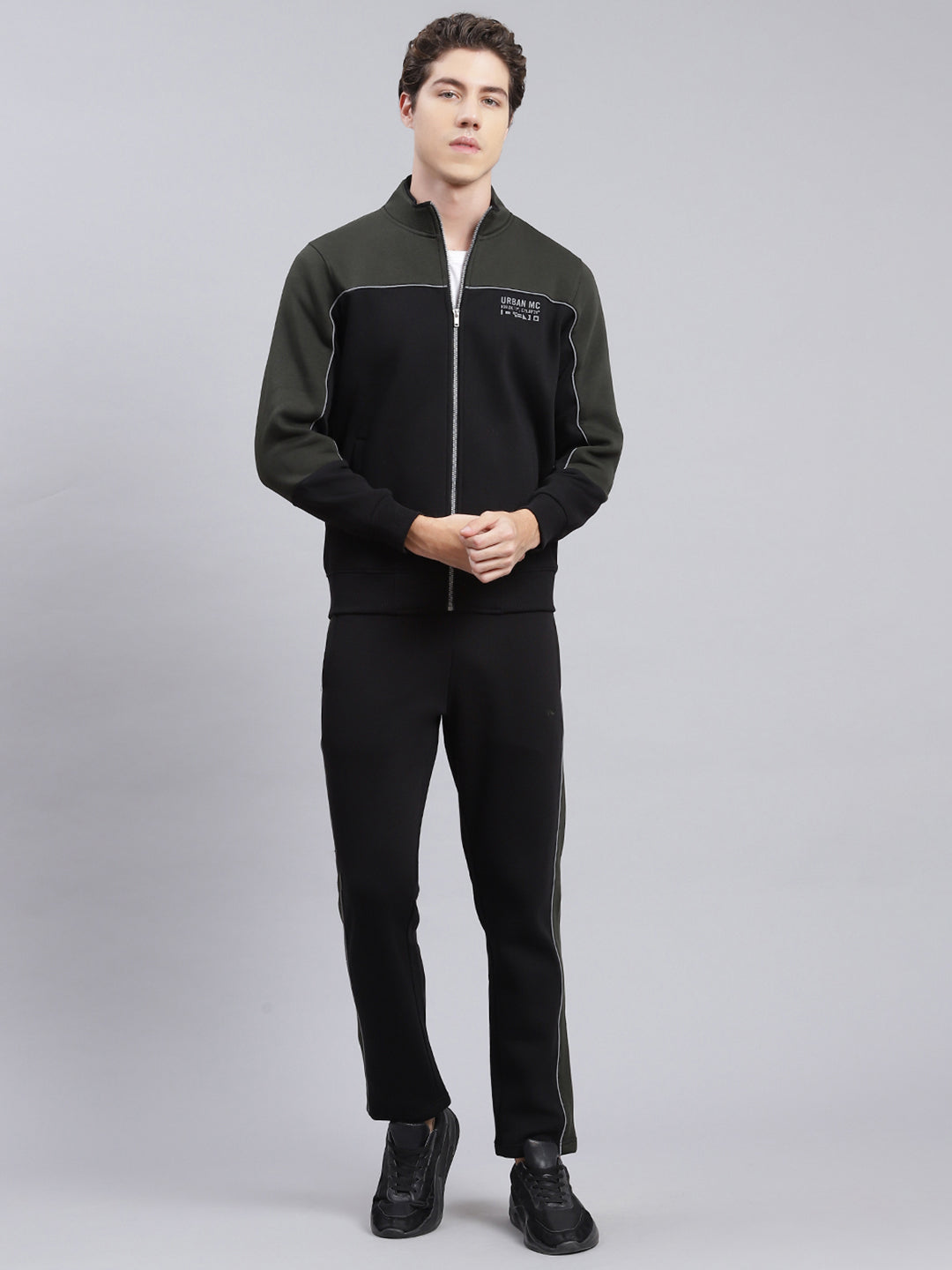 Men Black Solid Cotton Blend Track Suit