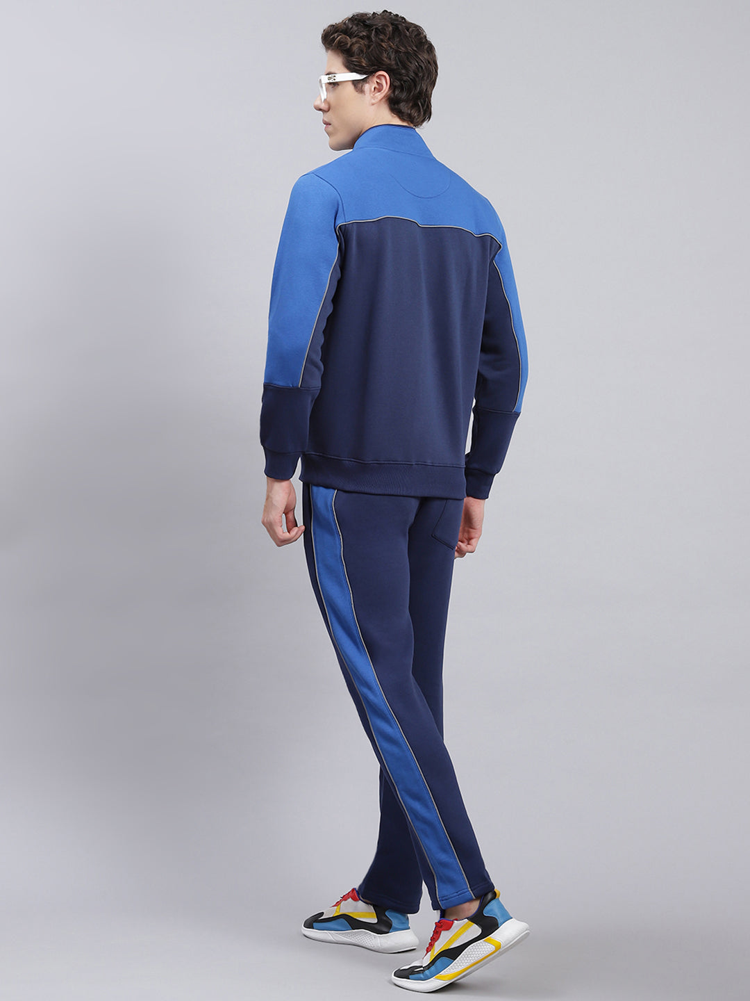 Men Navy Blue Solid Cotton Blend Track Suit