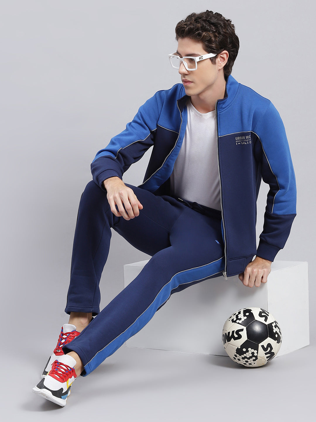 Men Navy Blue Solid Cotton Blend Track Suit