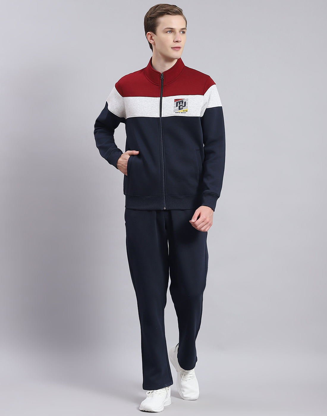 Men Navy Blue Solid Stand Collar Full Sleeve Tracksuit