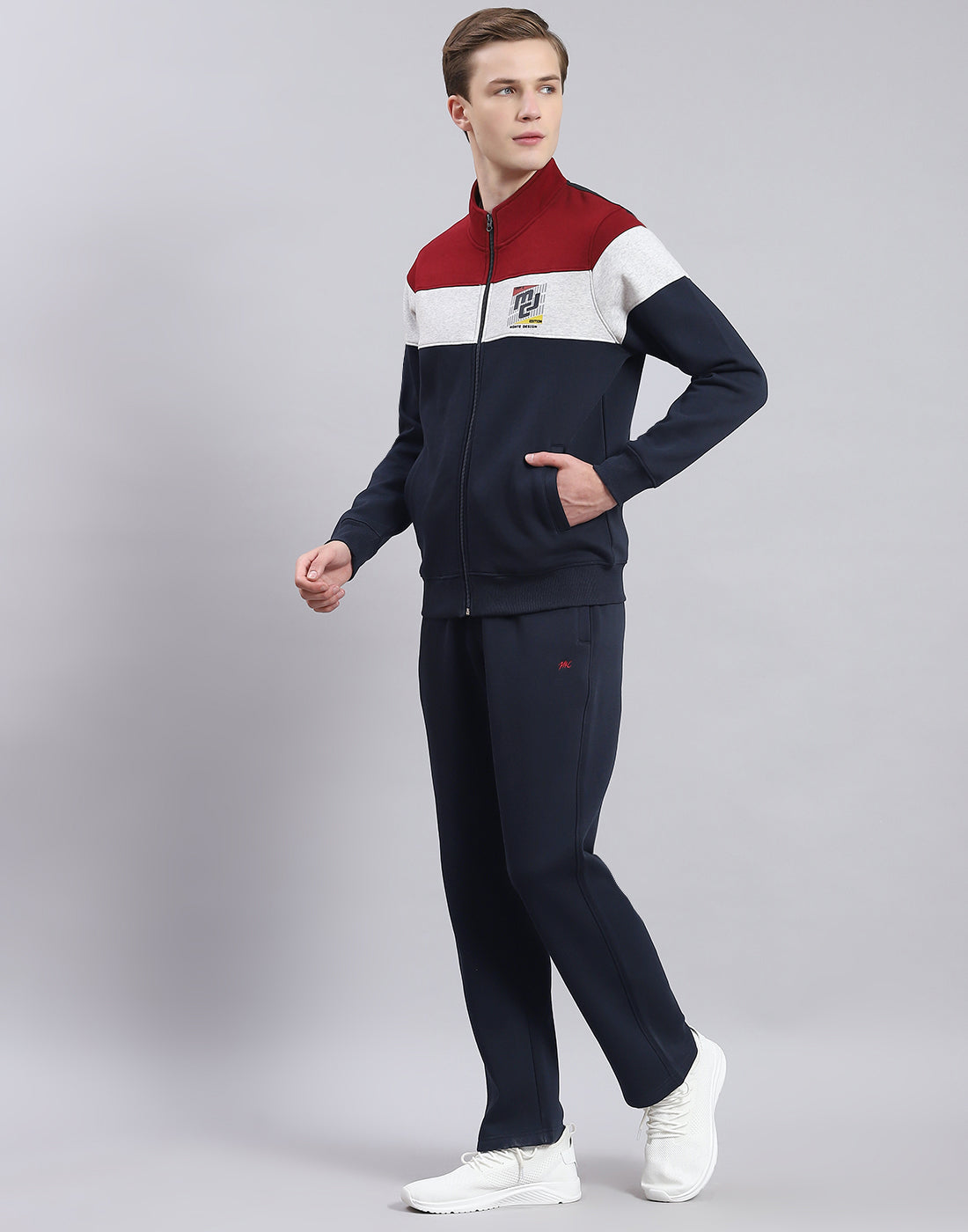 Men Navy Blue Solid Stand Collar Full Sleeve Tracksuit