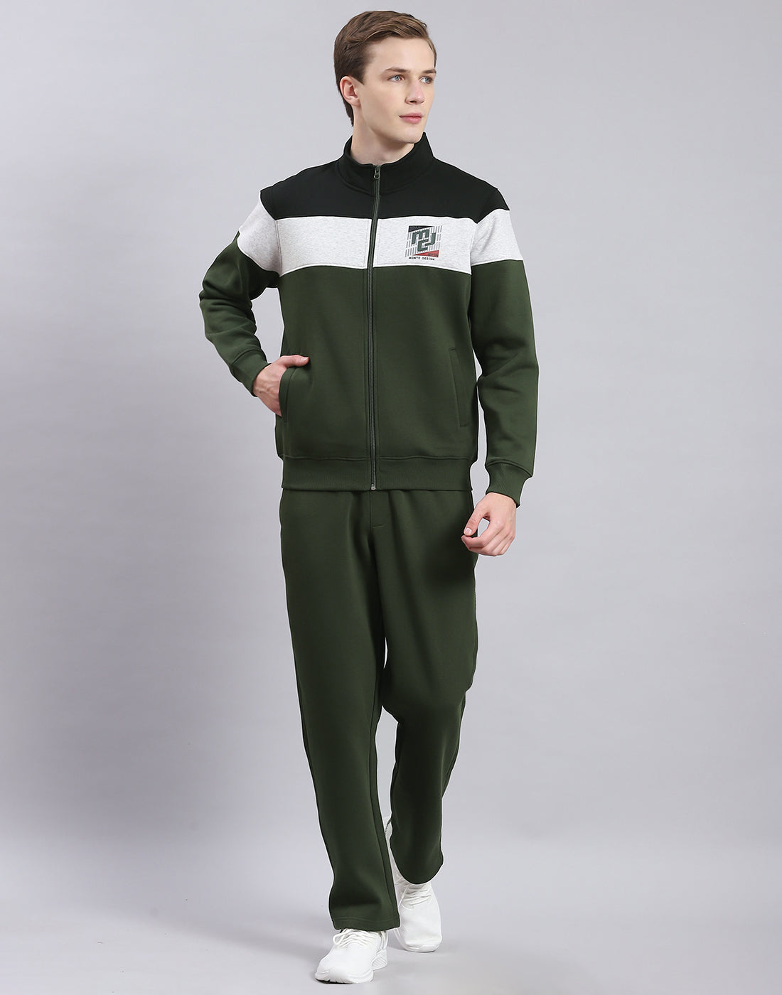 Men Olive Solid Stand Collar Full Sleeve Tracksuit