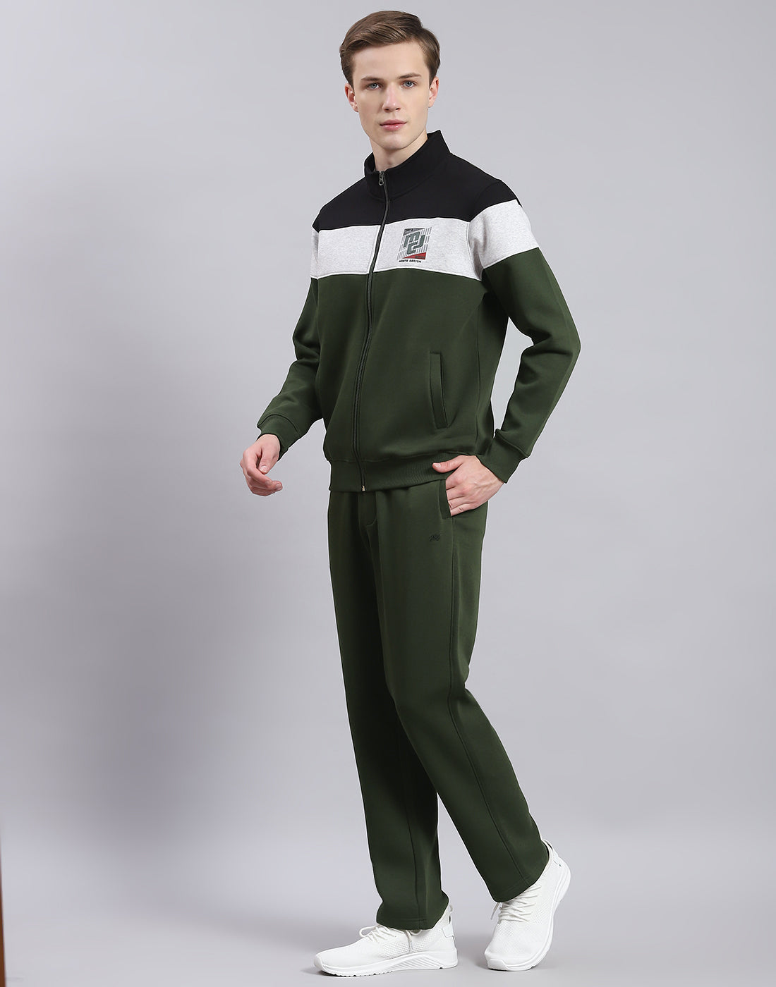 Men Olive Solid Stand Collar Full Sleeve Tracksuit