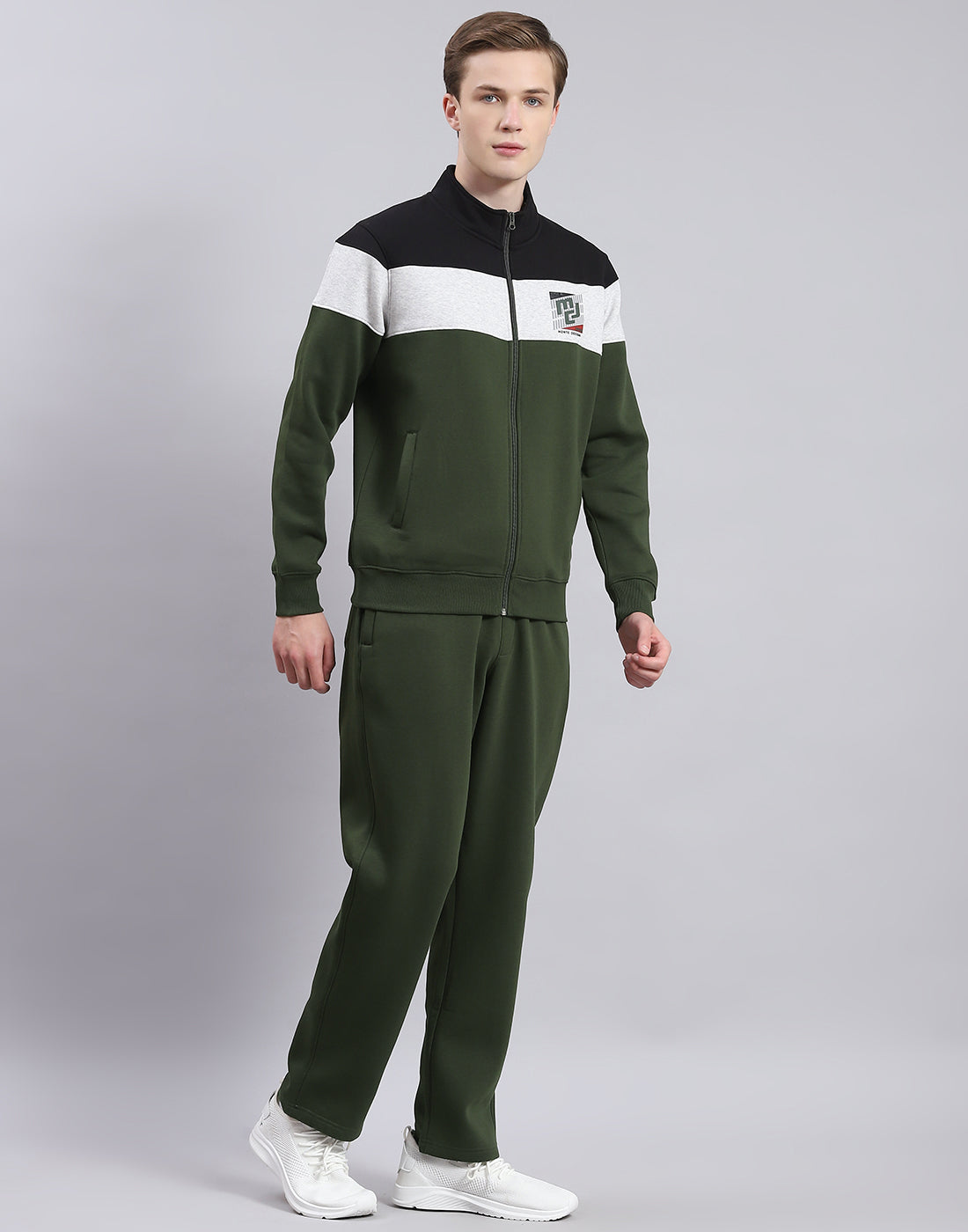 Men Olive Solid Stand Collar Full Sleeve Tracksuit
