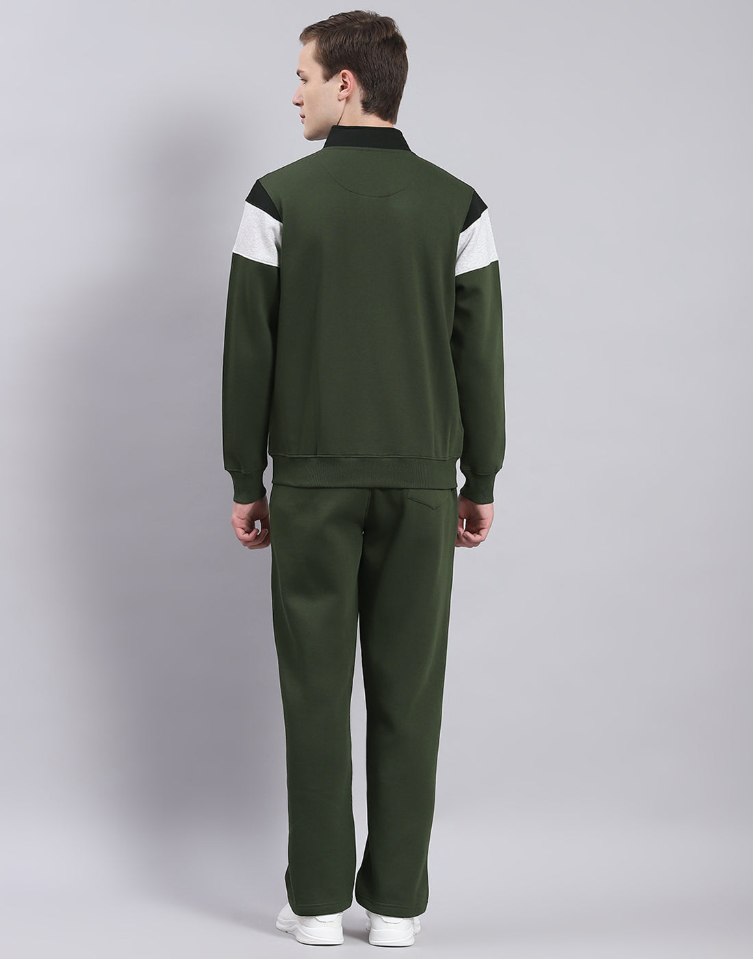 Men Olive Solid Stand Collar Full Sleeve Tracksuit