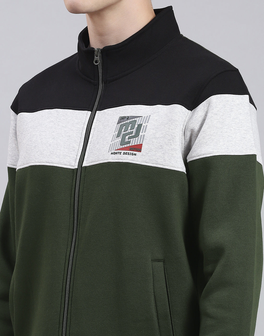 Men Olive Solid Stand Collar Full Sleeve Tracksuit