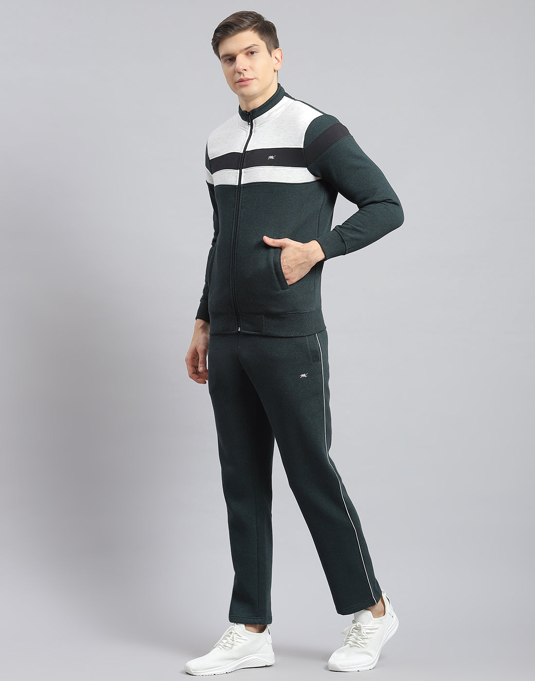 Men Teal Blue Solid Stand Collar Full Sleeve Tracksuit