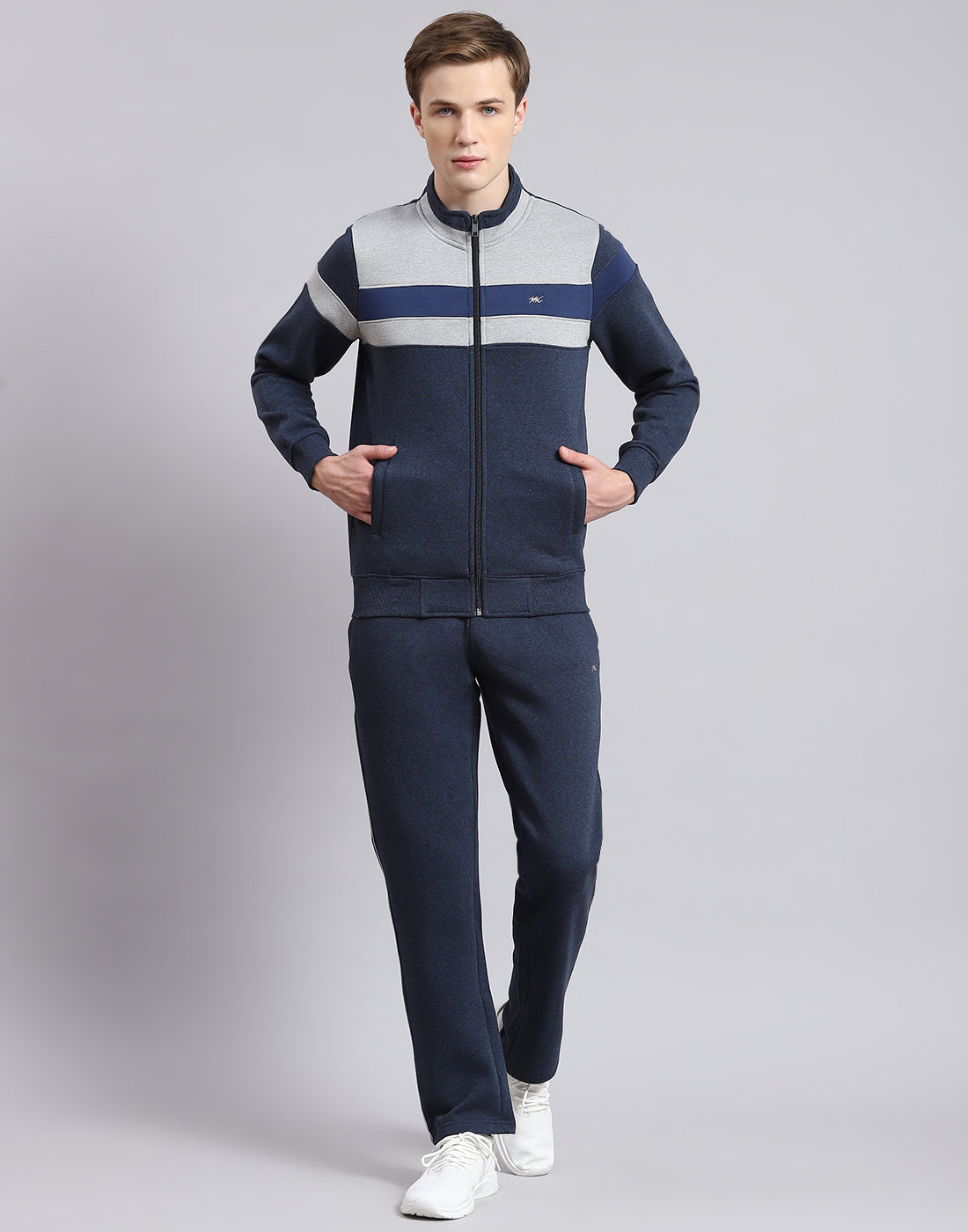 Men Navy Blue Solid Stand Collar Full Sleeve Tracksuit