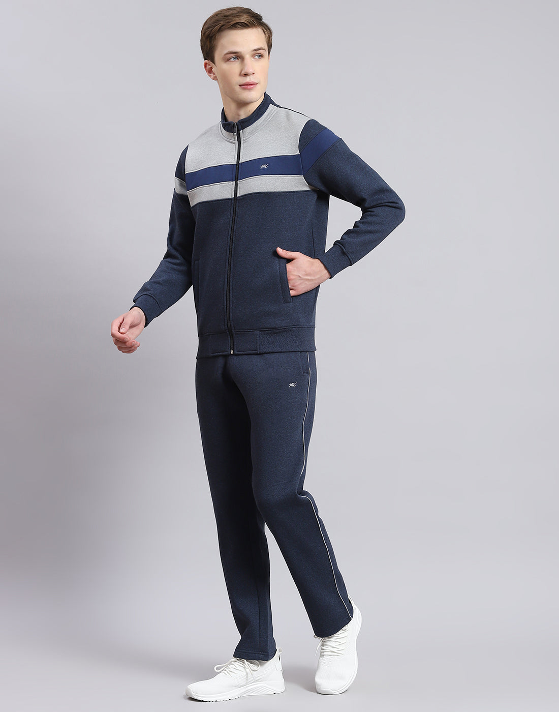 Men Navy Blue Solid Stand Collar Full Sleeve Tracksuit
