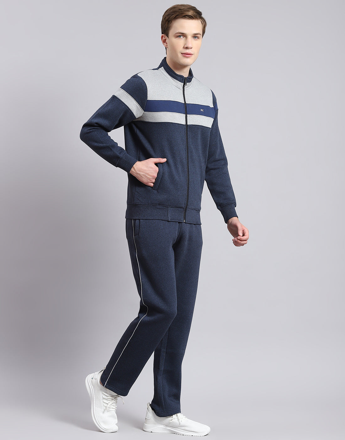 Men Navy Blue Solid Stand Collar Full Sleeve Tracksuit