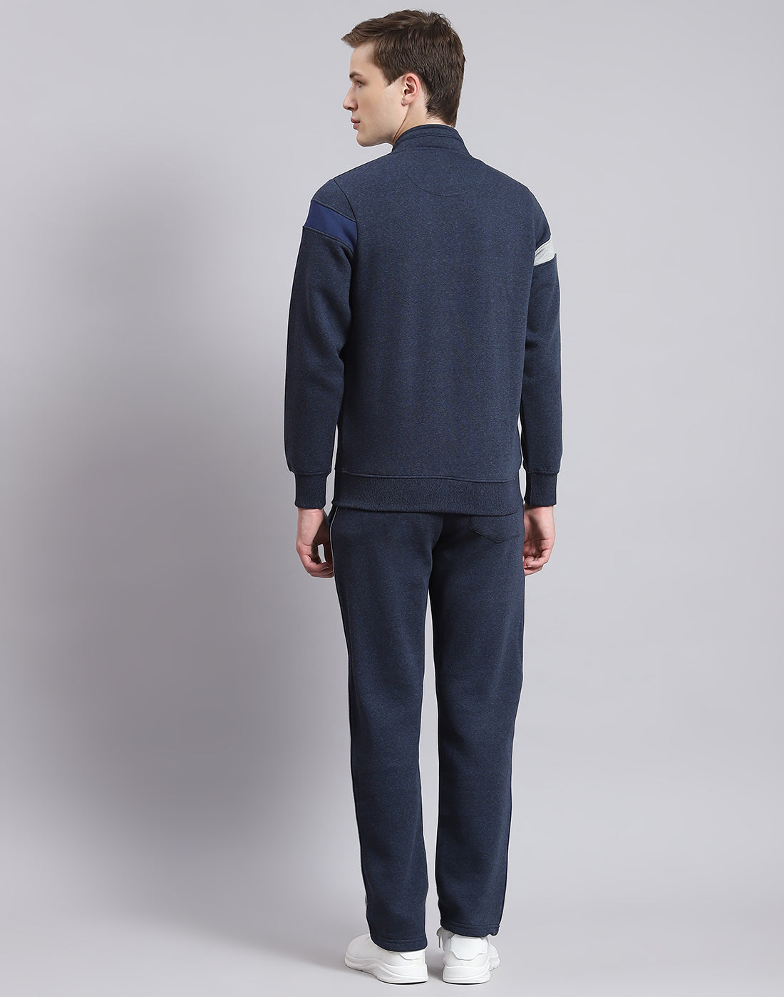 Men Navy Blue Solid Stand Collar Full Sleeve Tracksuit