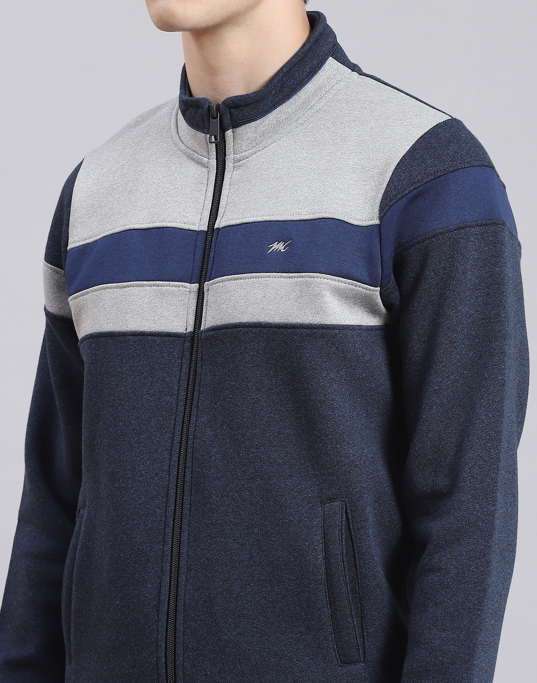 Men Navy Blue Solid Stand Collar Full Sleeve Tracksuit