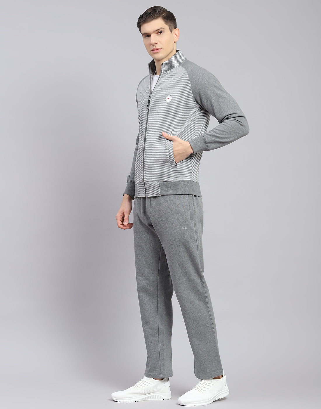 Men Grey Solid Stand Collar Full Sleeve Tracksuit