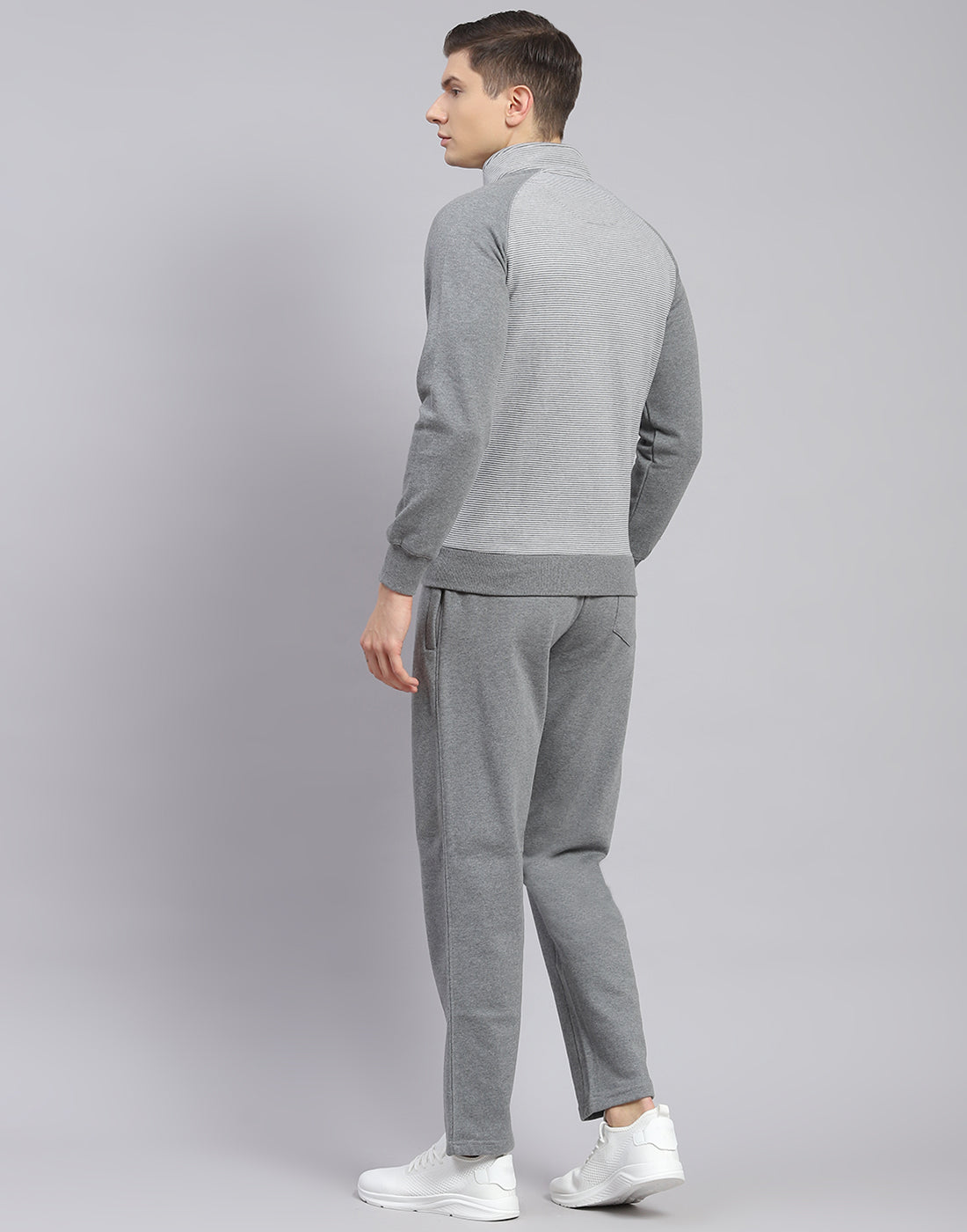 Men Grey Solid Stand Collar Full Sleeve Tracksuit