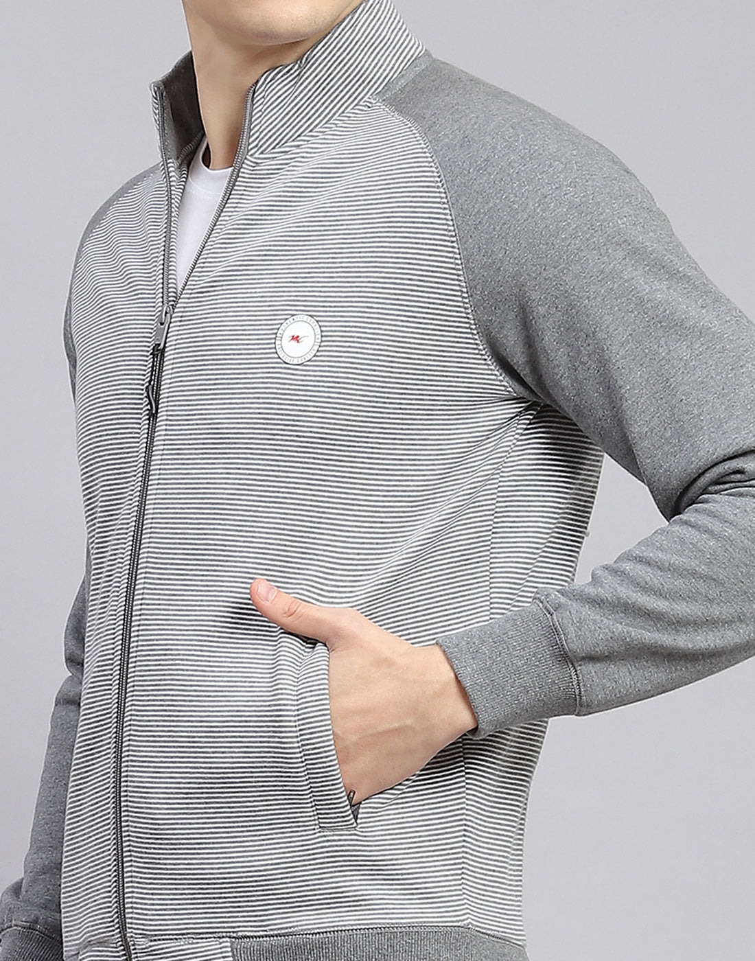 Men Grey Solid Stand Collar Full Sleeve Tracksuit