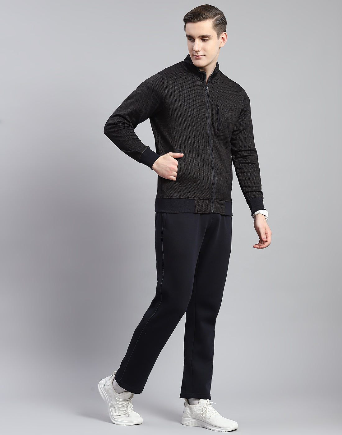 Men Navy Blue Solid Stand Collar Full Sleeve Tracksuit