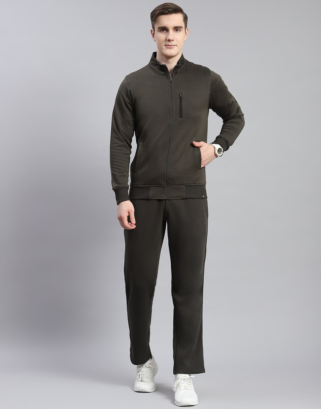 Men Olive Solid Stand Collar Full Sleeve Tracksuit