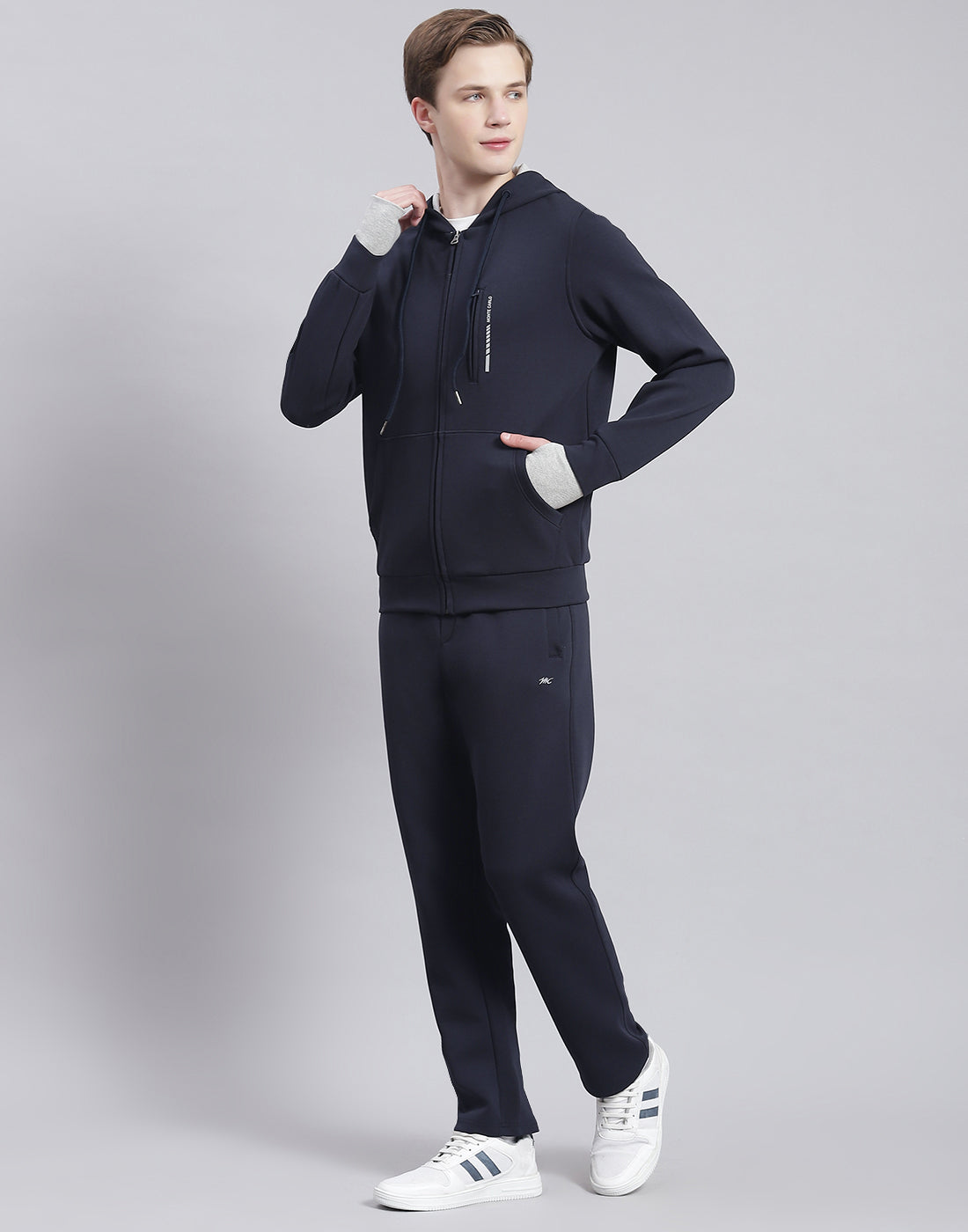 Men Navy Blue Solid Hooded Full Sleeve Tracksuit
