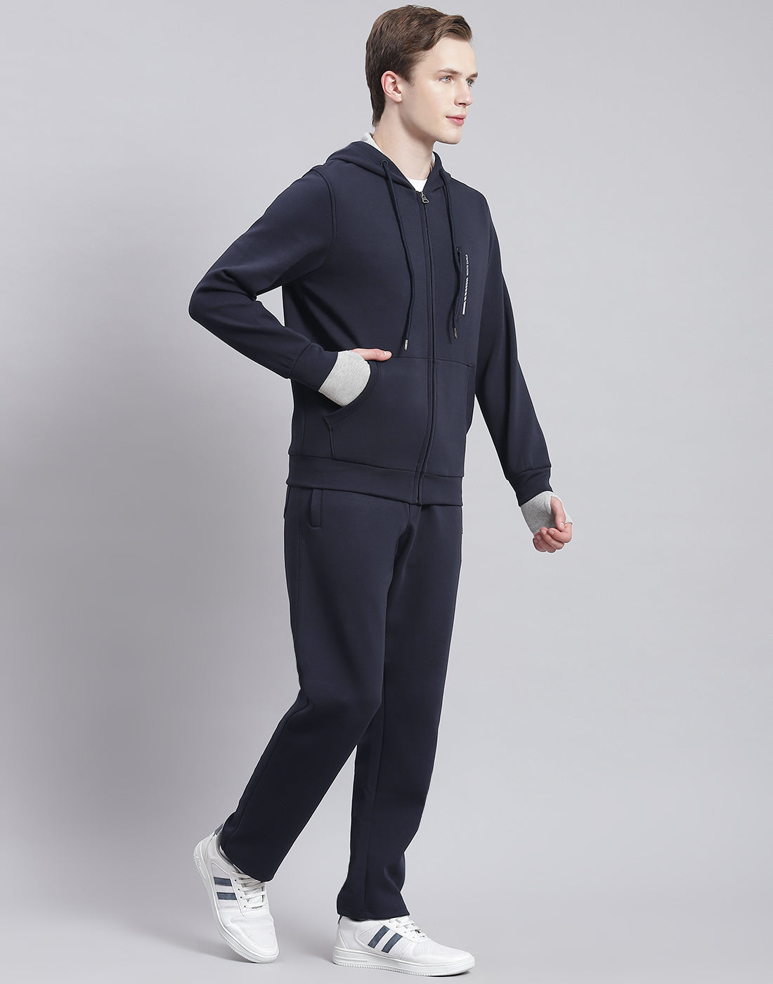 Men Navy Blue Solid Hooded Full Sleeve Tracksuit