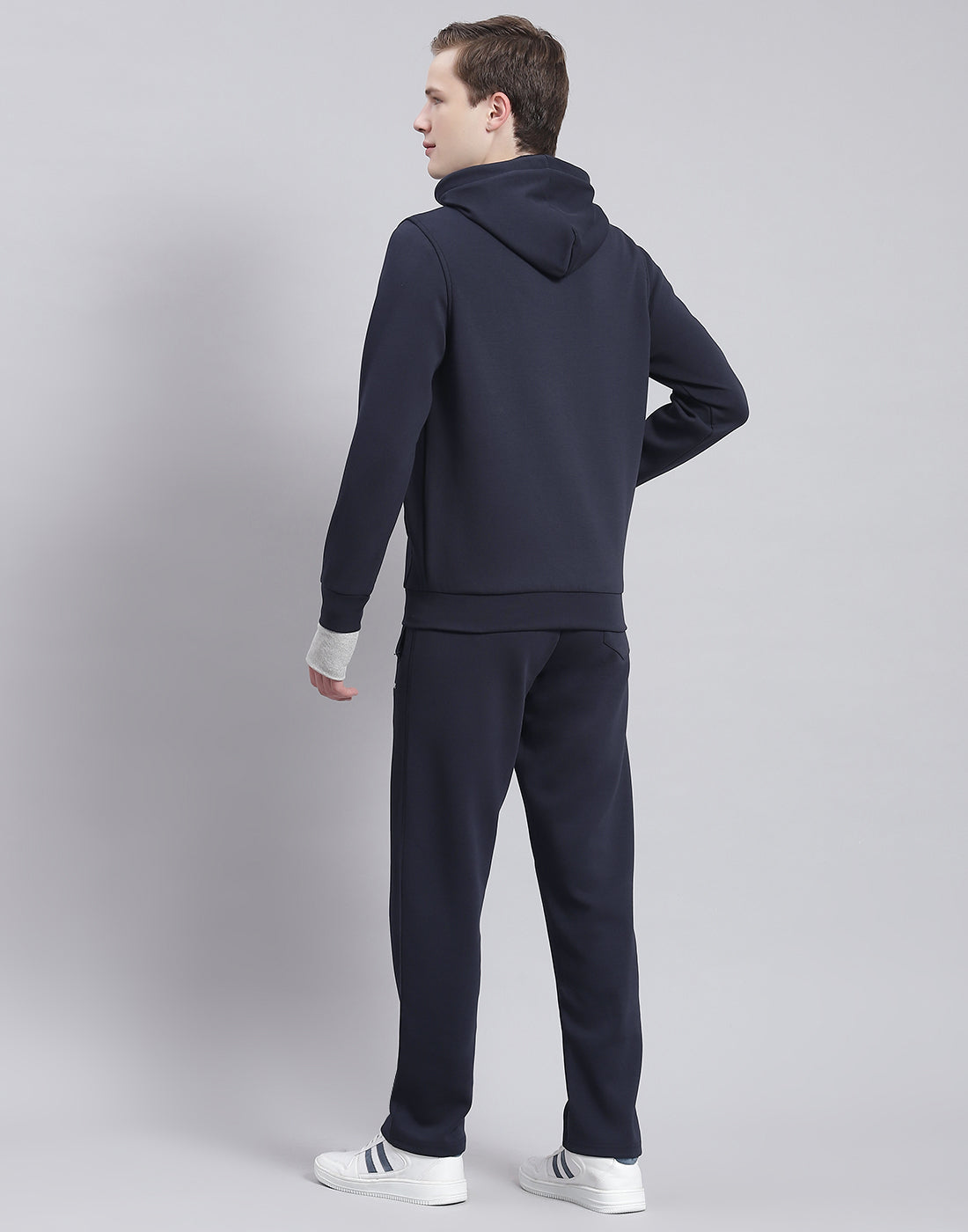 Men Navy Blue Solid Hooded Full Sleeve Tracksuit