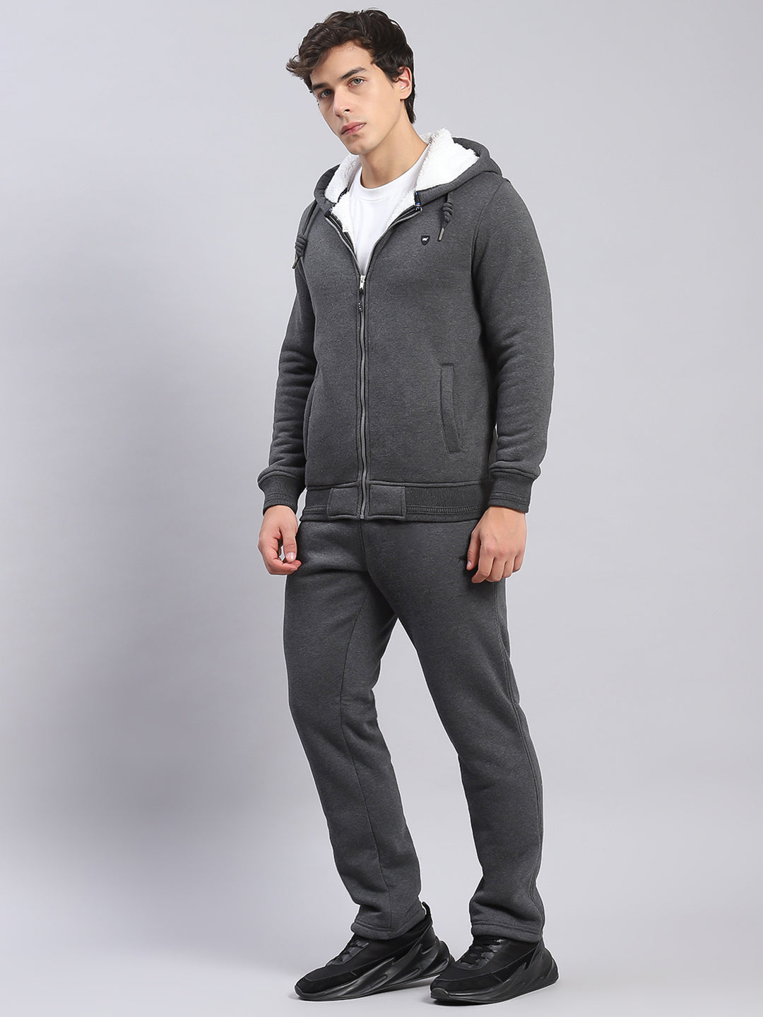 Men Grey Solid Hooded Full Sleeve Tracksuits