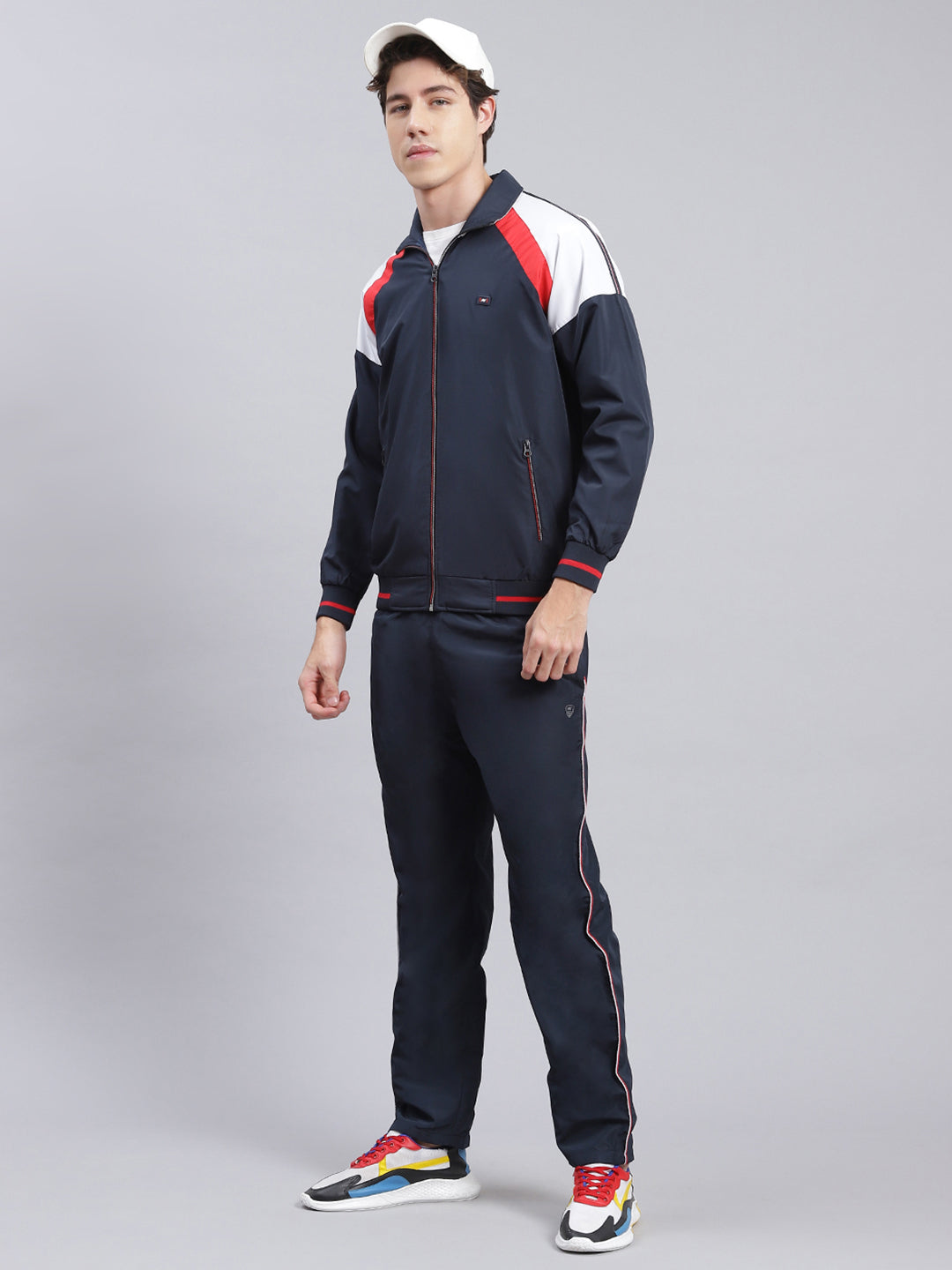 Men Navy Blue Solid Cotton Blend Track Suit