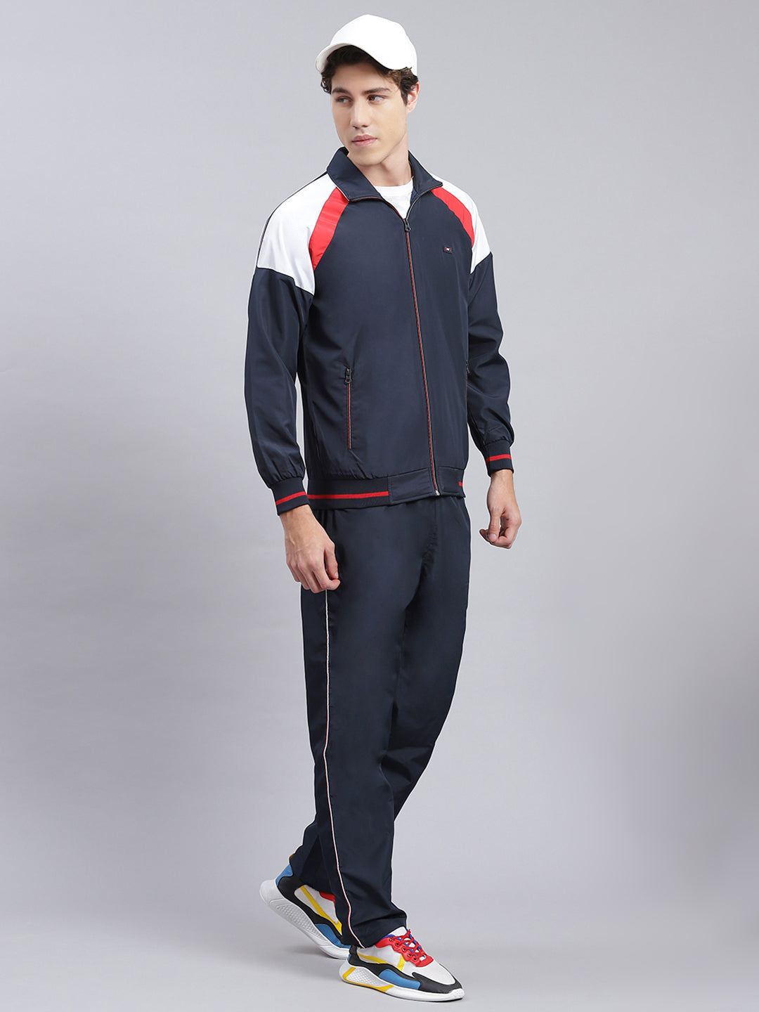 Men Navy Blue Solid Cotton Blend Track Suit