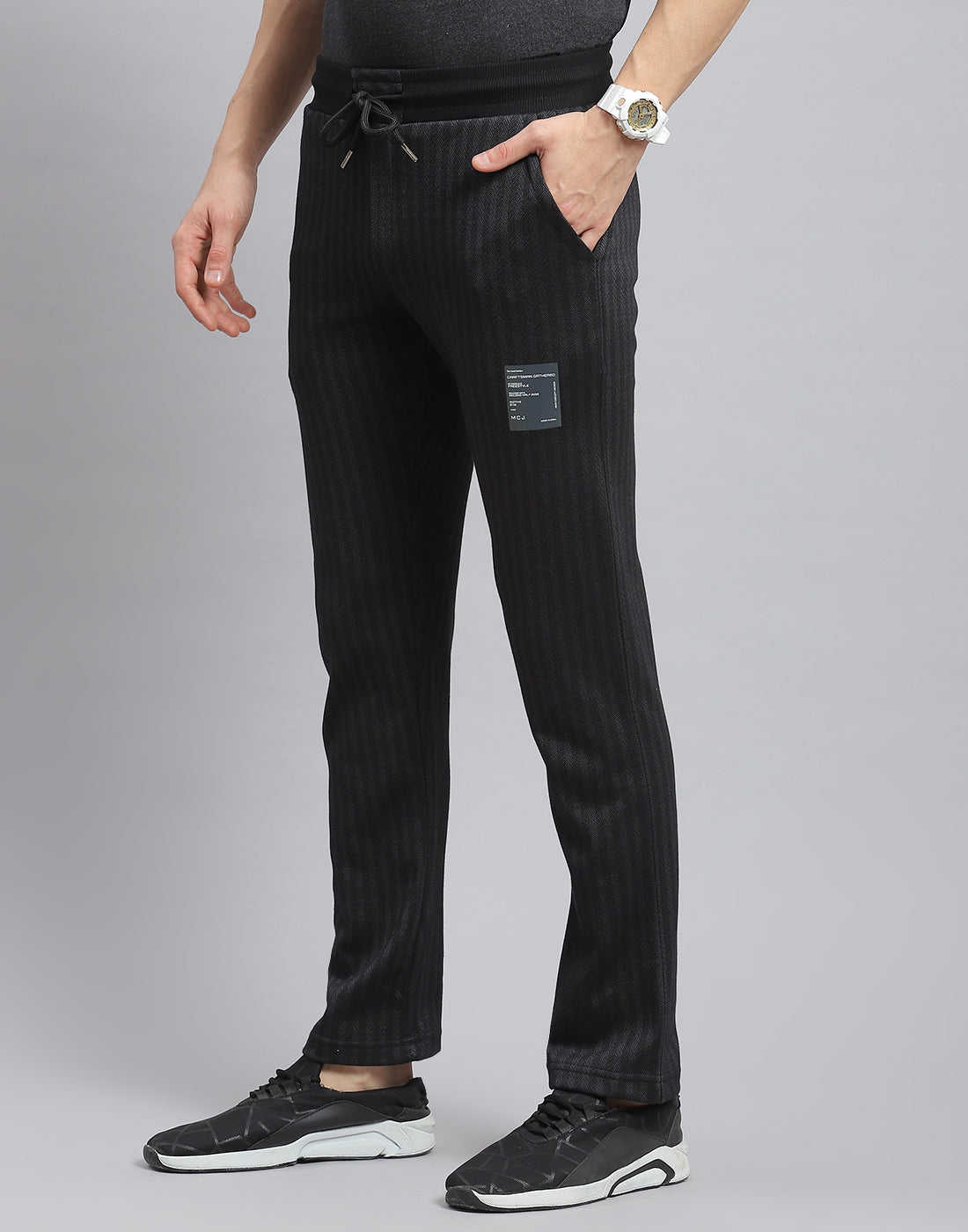 Men Black Stripe Regular Fit Winter Lower