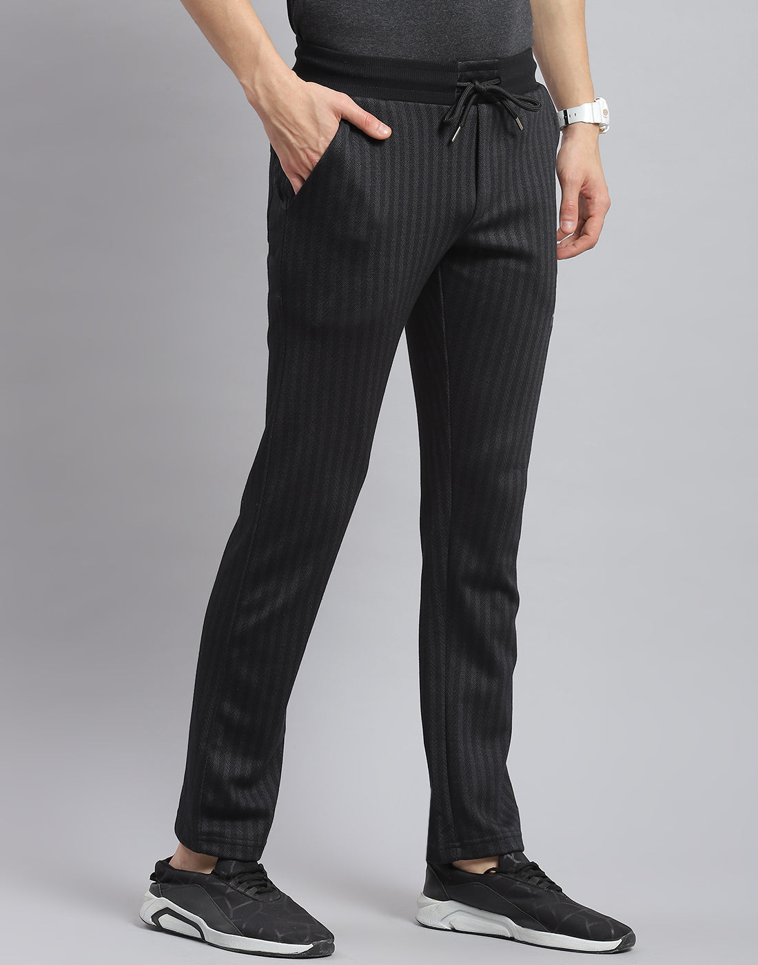 Men Black Stripe Regular Fit Winter Lower