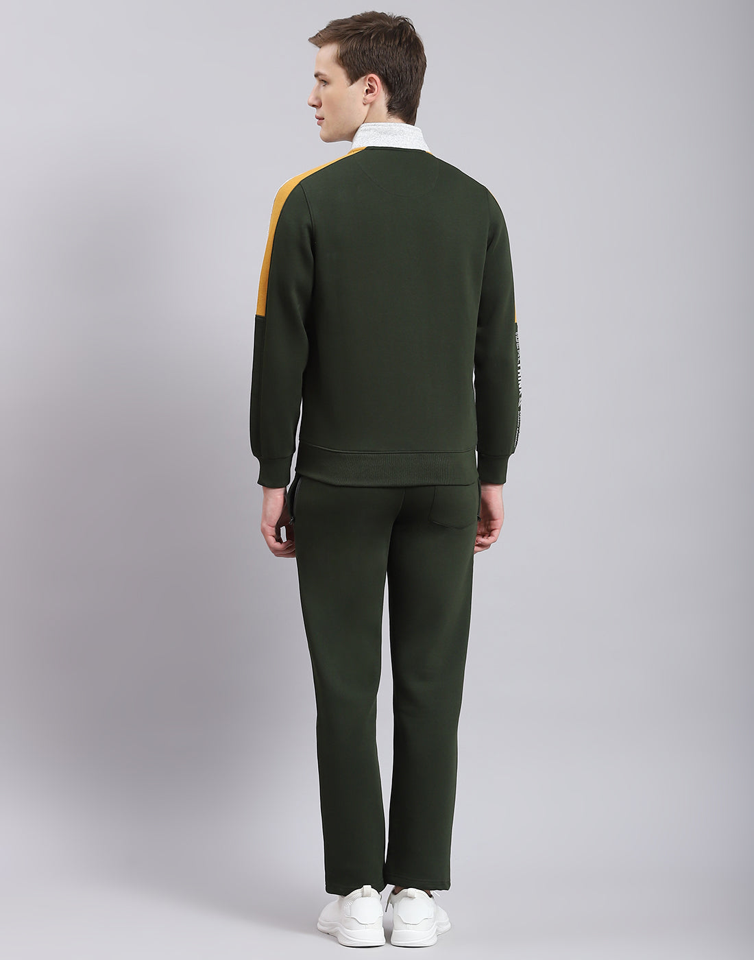 Men Olive Solid Stand Collar Full Sleeve Tracksuit