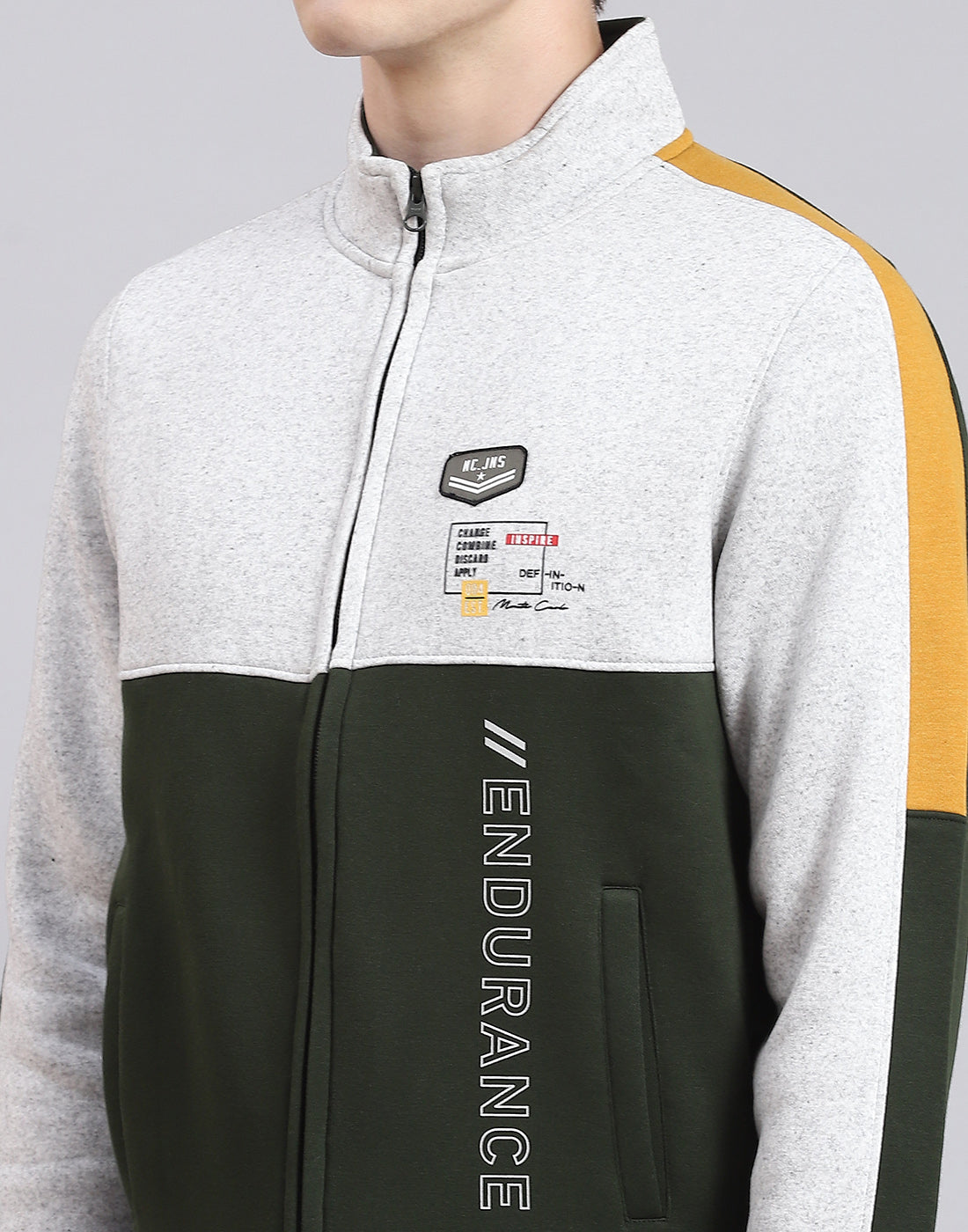 Men Olive Solid Stand Collar Full Sleeve Tracksuit