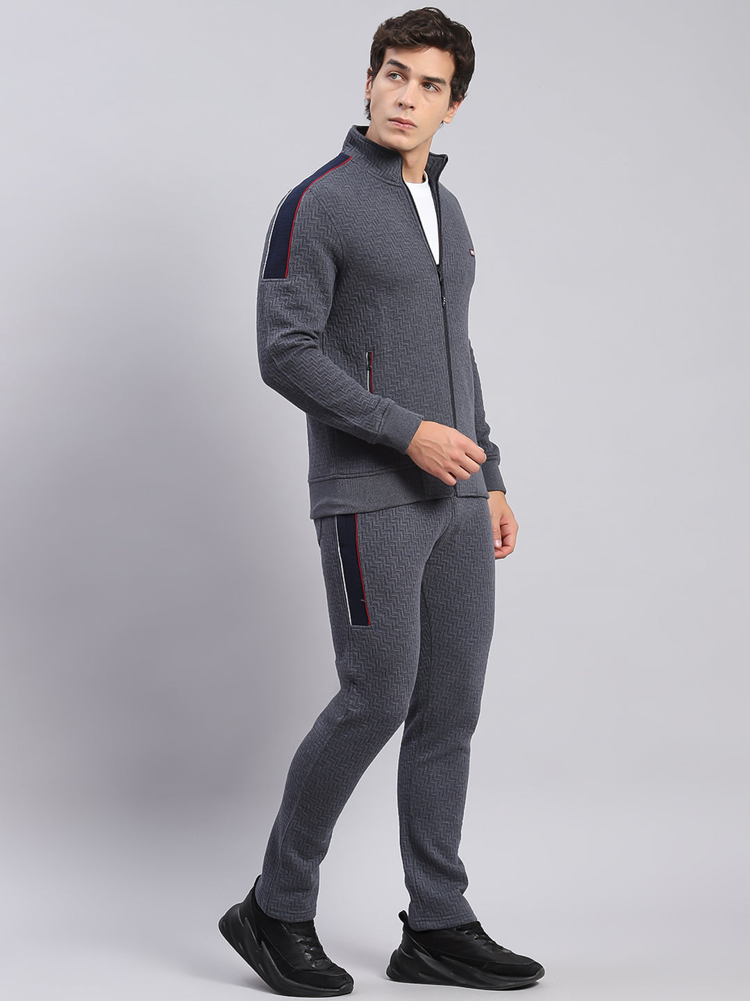 Men Grey Solid Stand Collar Full Sleeve Tracksuits
