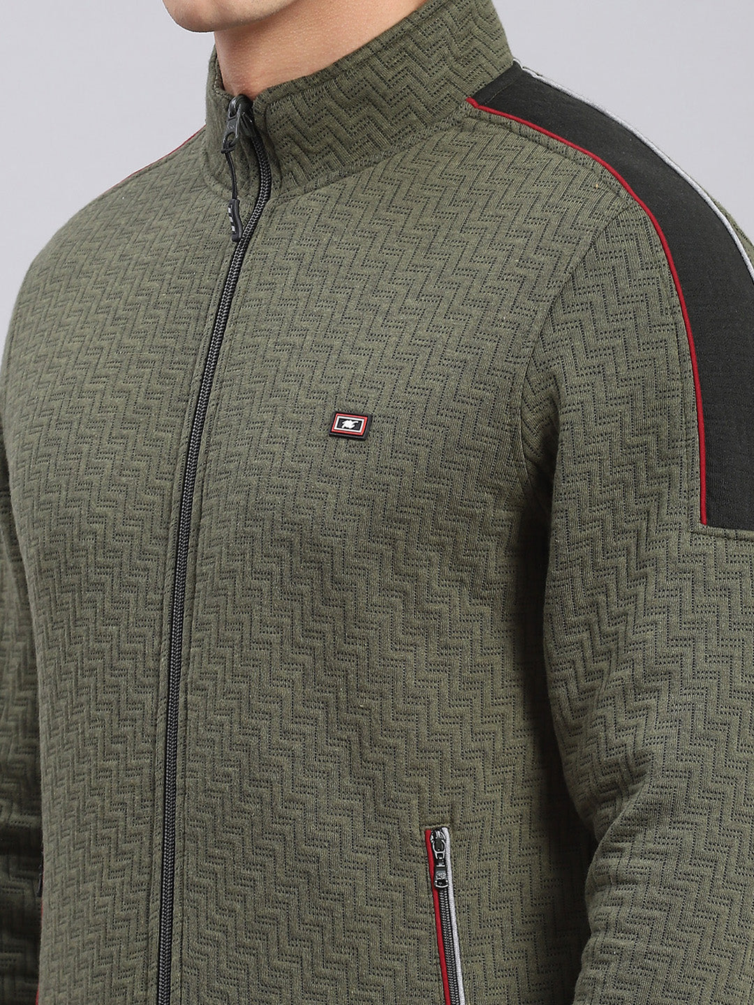 Men Olive Solid Stand Collar Full Sleeve Tracksuits