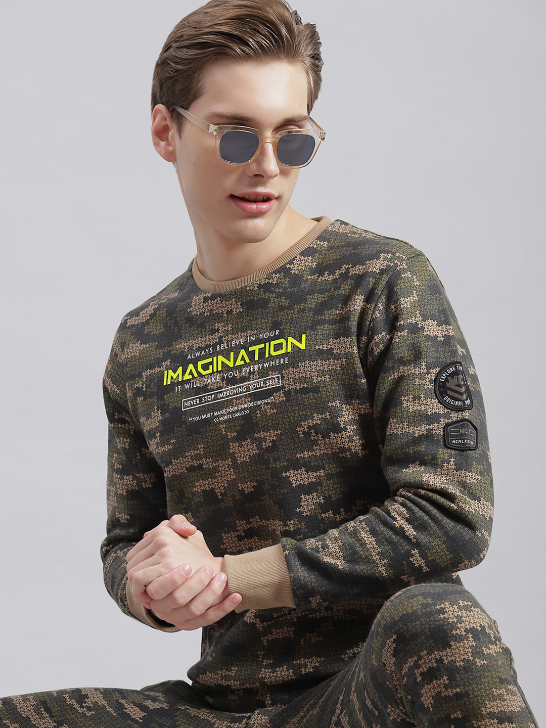 Men Olive Printed Round Neck Full Sleeve Tracksuits