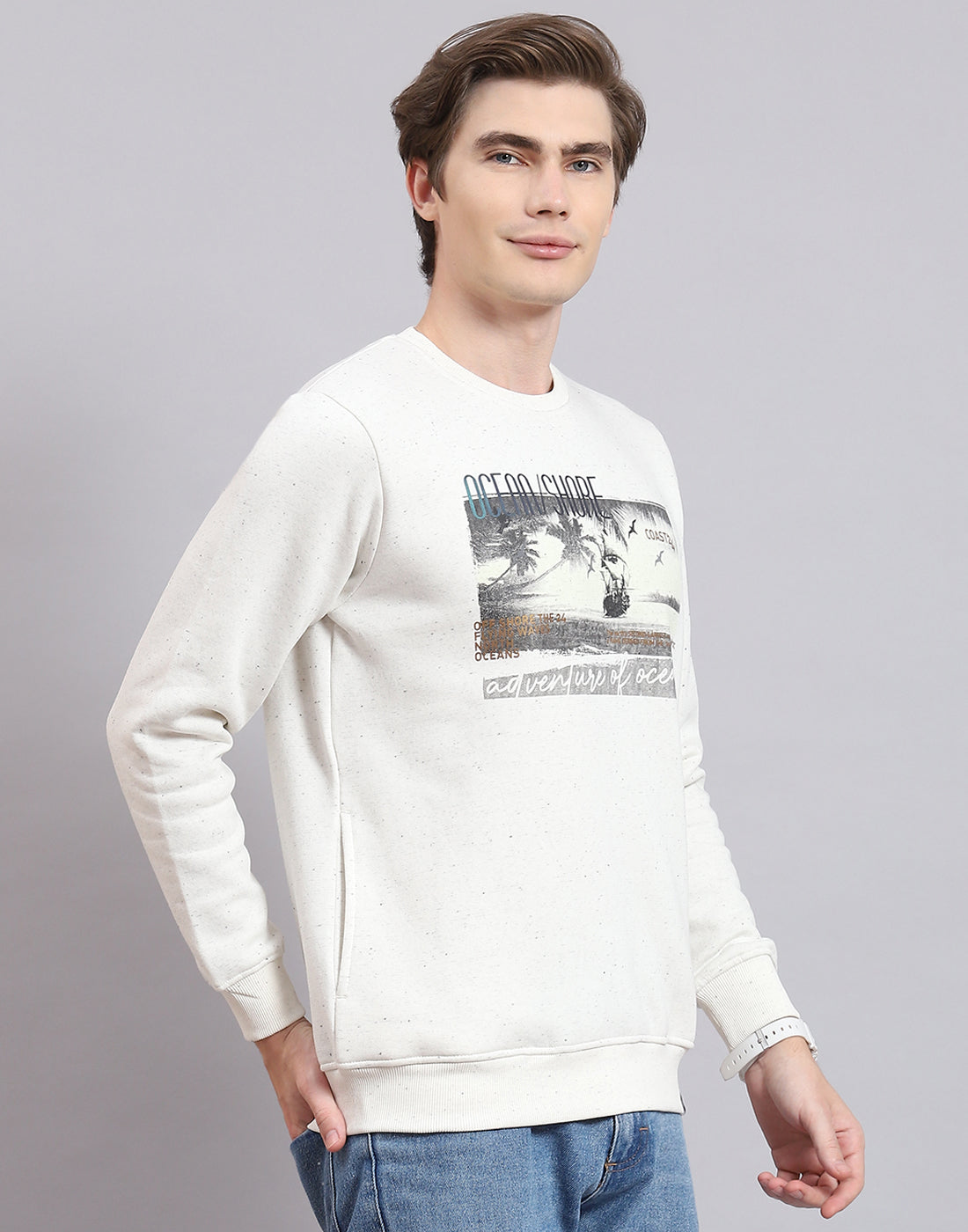 Men Off White Solid Round Neck Full Sleeve Sweatshirt