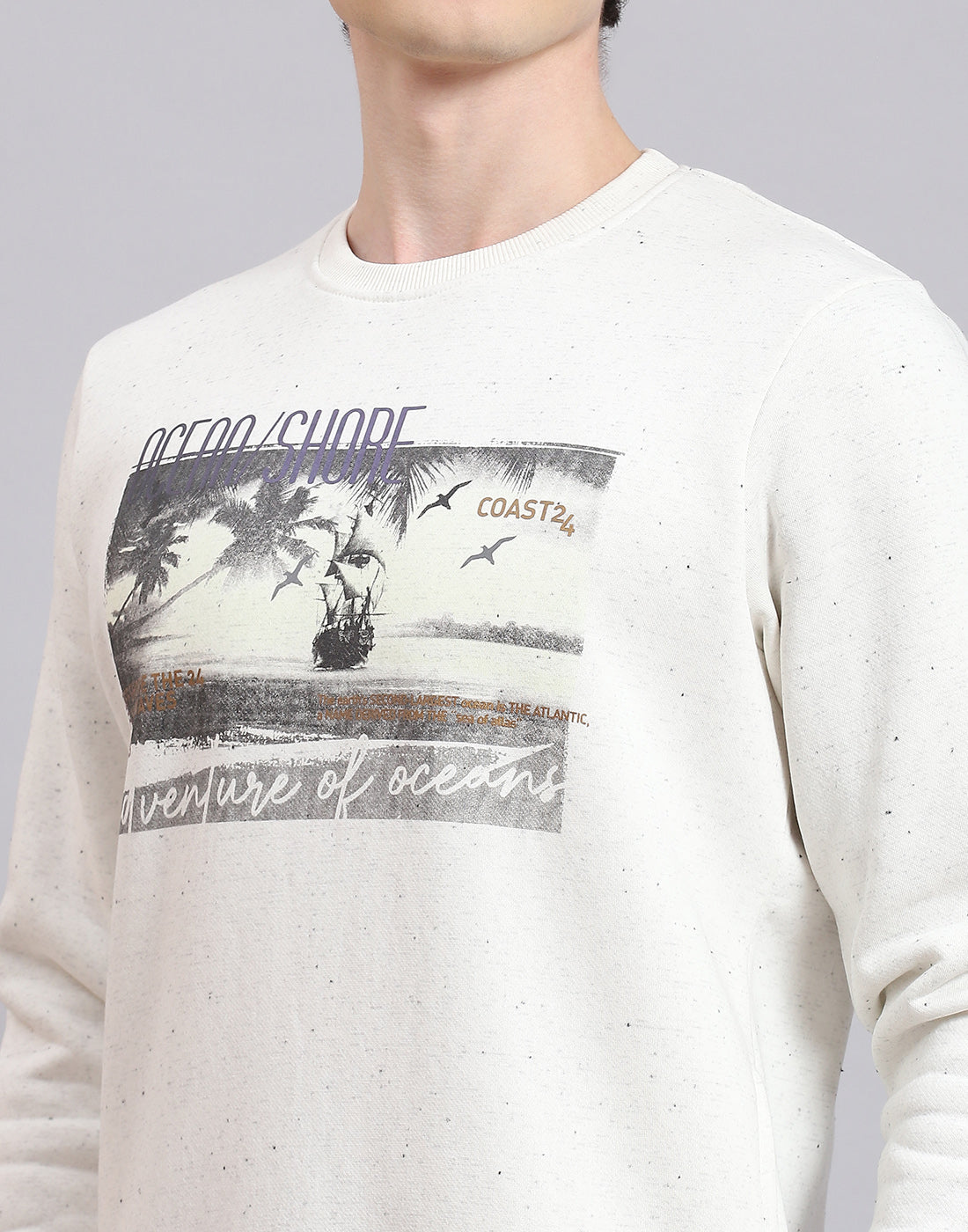 Men Off White Solid Round Neck Full Sleeve Sweatshirt