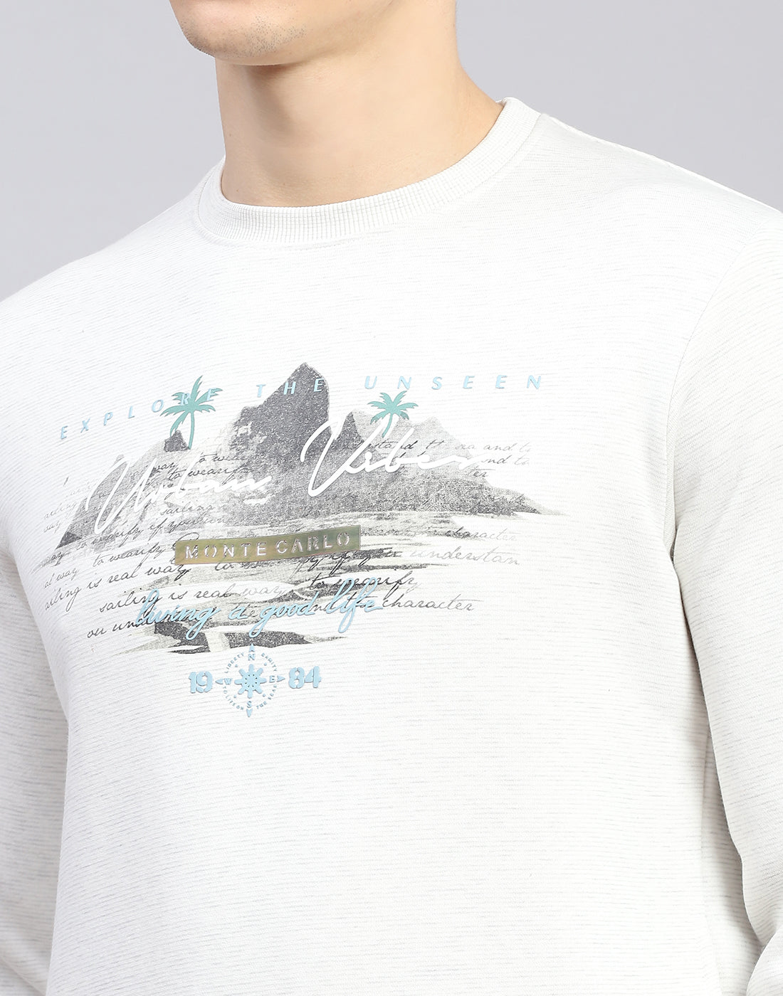 Men Off White Solid Round Neck Full Sleeve Sweatshirt