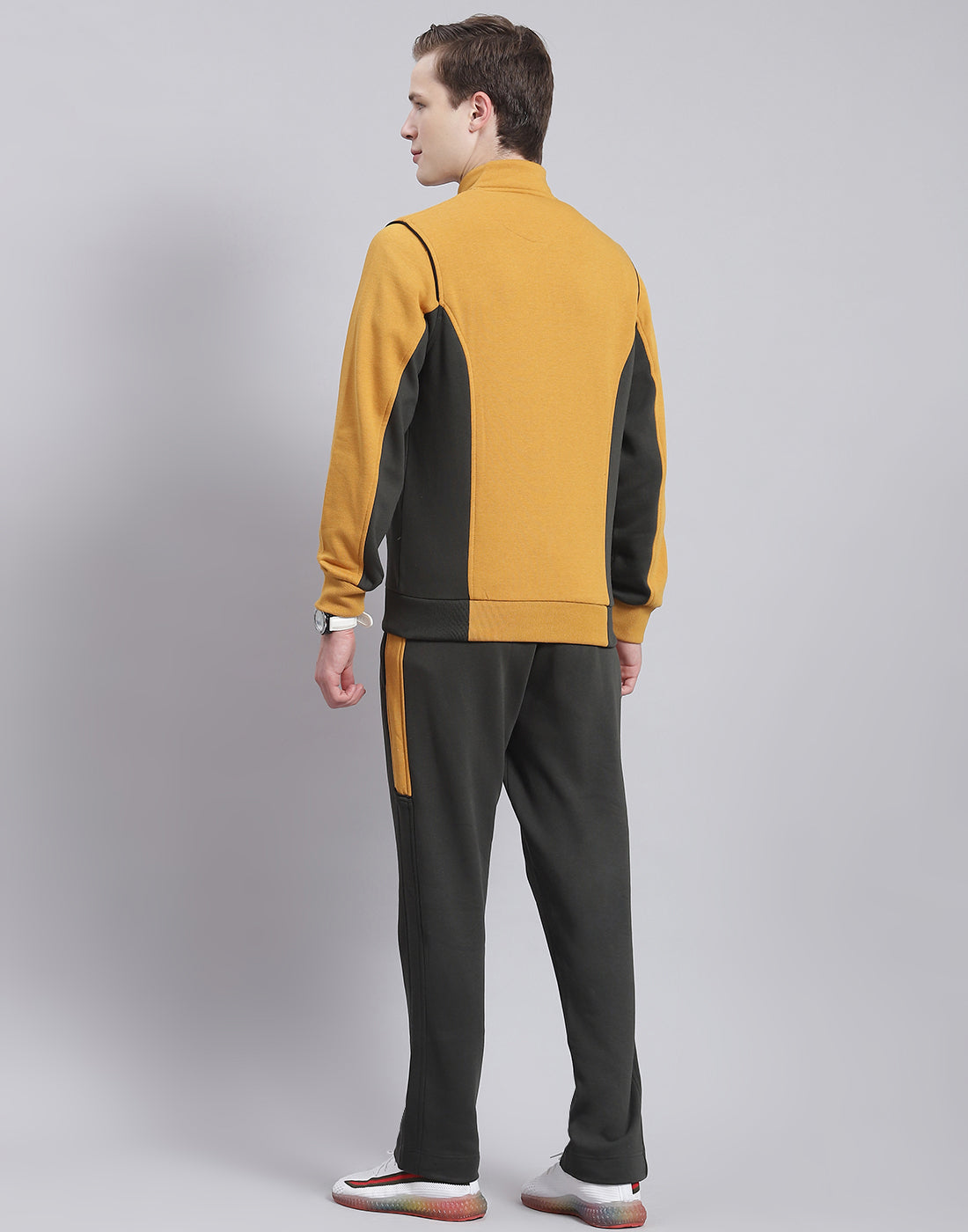 Men Mustard Solid Stand Collar Full Sleeve Tracksuit