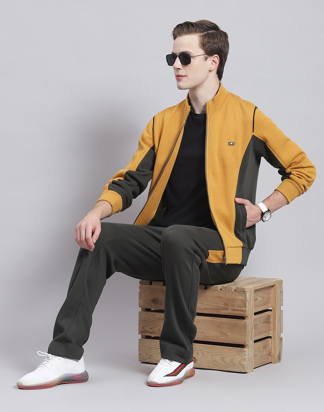 Men Mustard Solid Stand Collar Full Sleeve Tracksuit