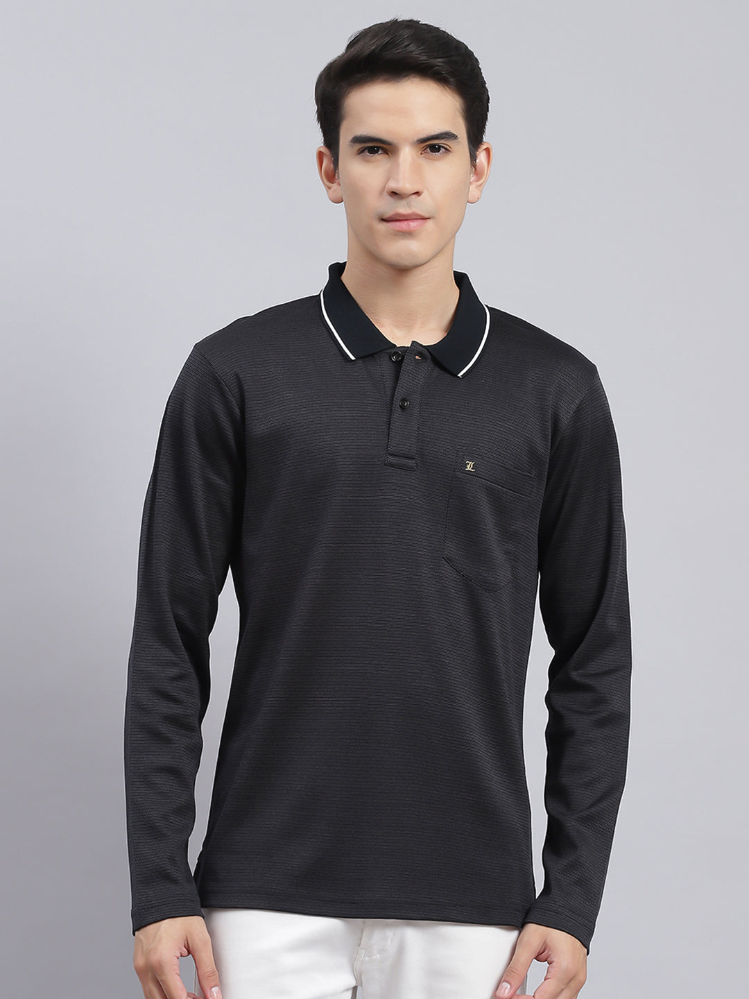 Men Black Jaquard Double Mercerized Cotton T-Shirt