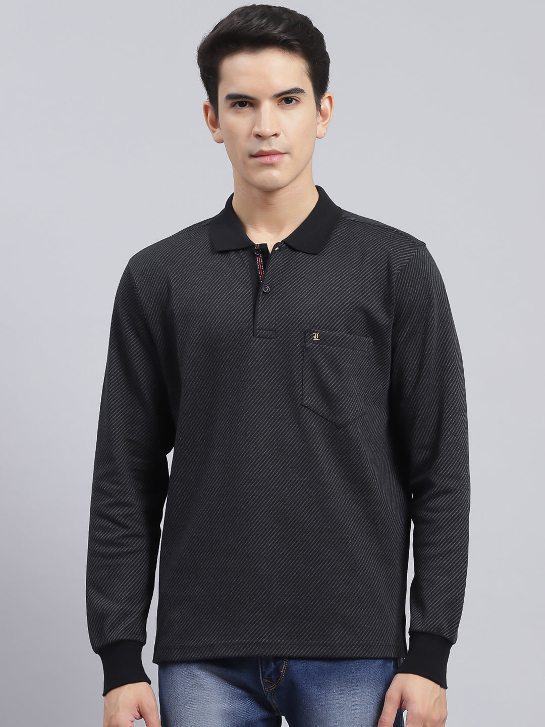 Men Black Self Design Cotton Blend T-Shirt