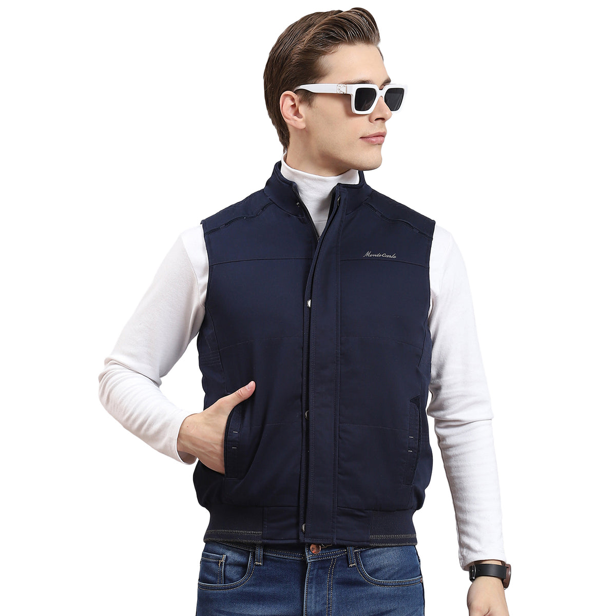 Men Blue Solid Stand Collar Sleeveless Jacket
