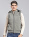 Men Grey Solid Hooded Sleeveless Jacket