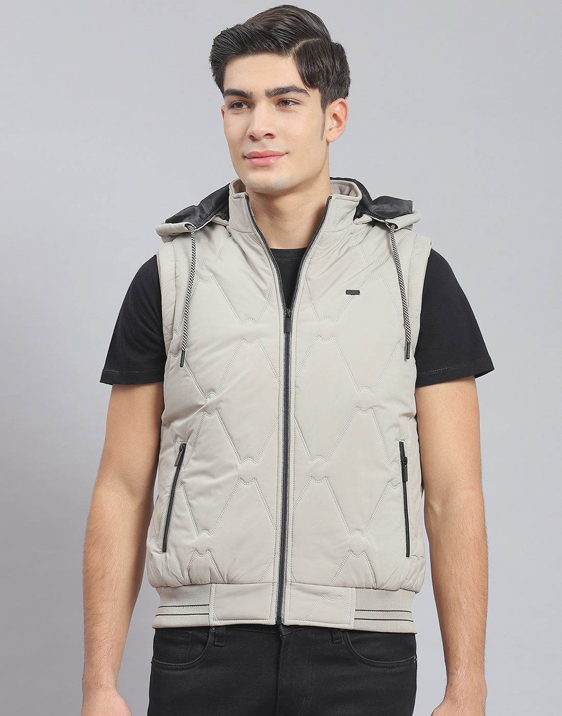 Men Beige Solid Hooded Sleeveless Jacket