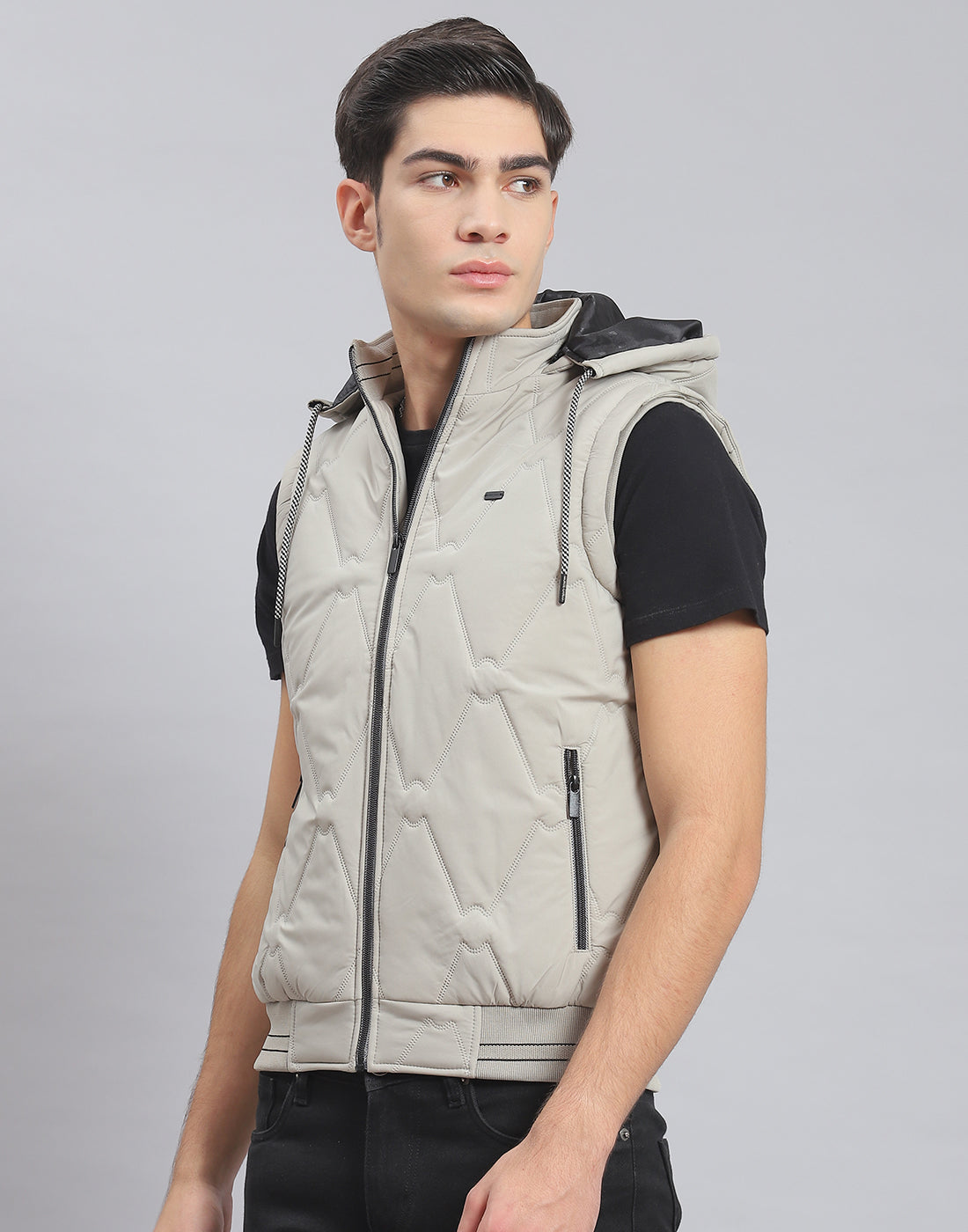 Men Beige Solid Hooded Sleeveless Jacket