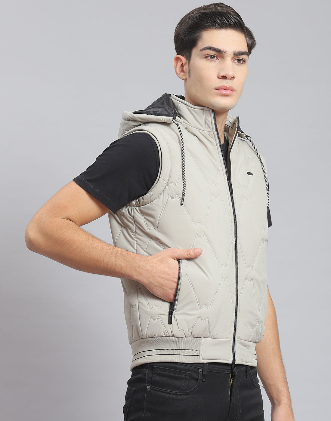 Men Beige Solid Hooded Sleeveless Jacket