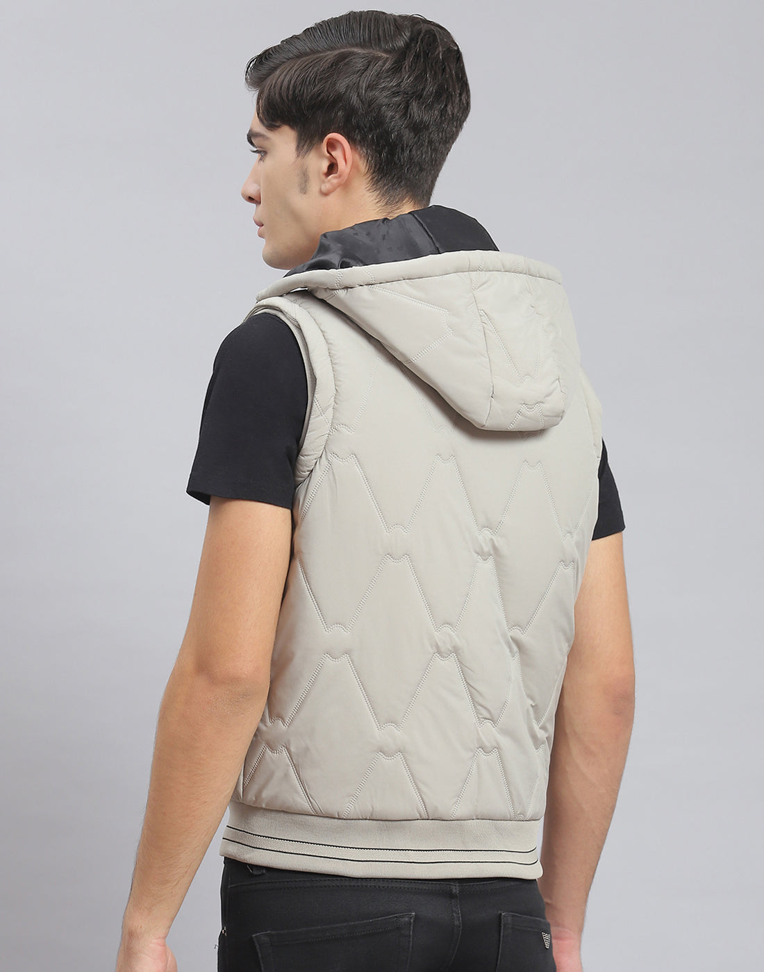 Men Beige Solid Hooded Sleeveless Jacket