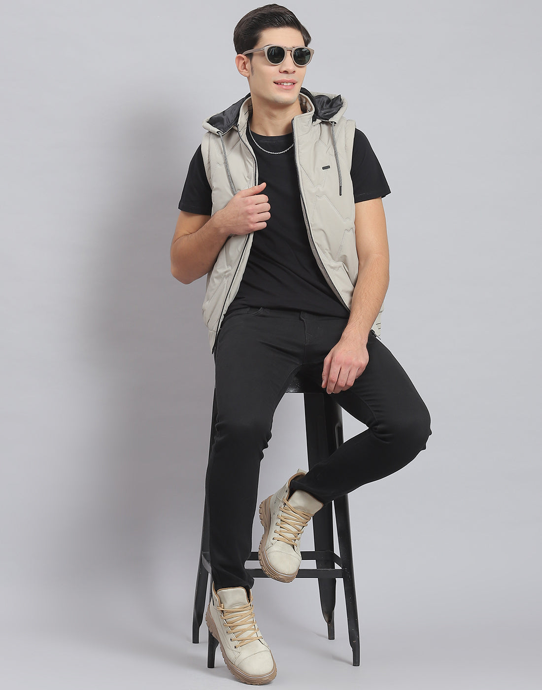 Men Beige Solid Hooded Sleeveless Jacket