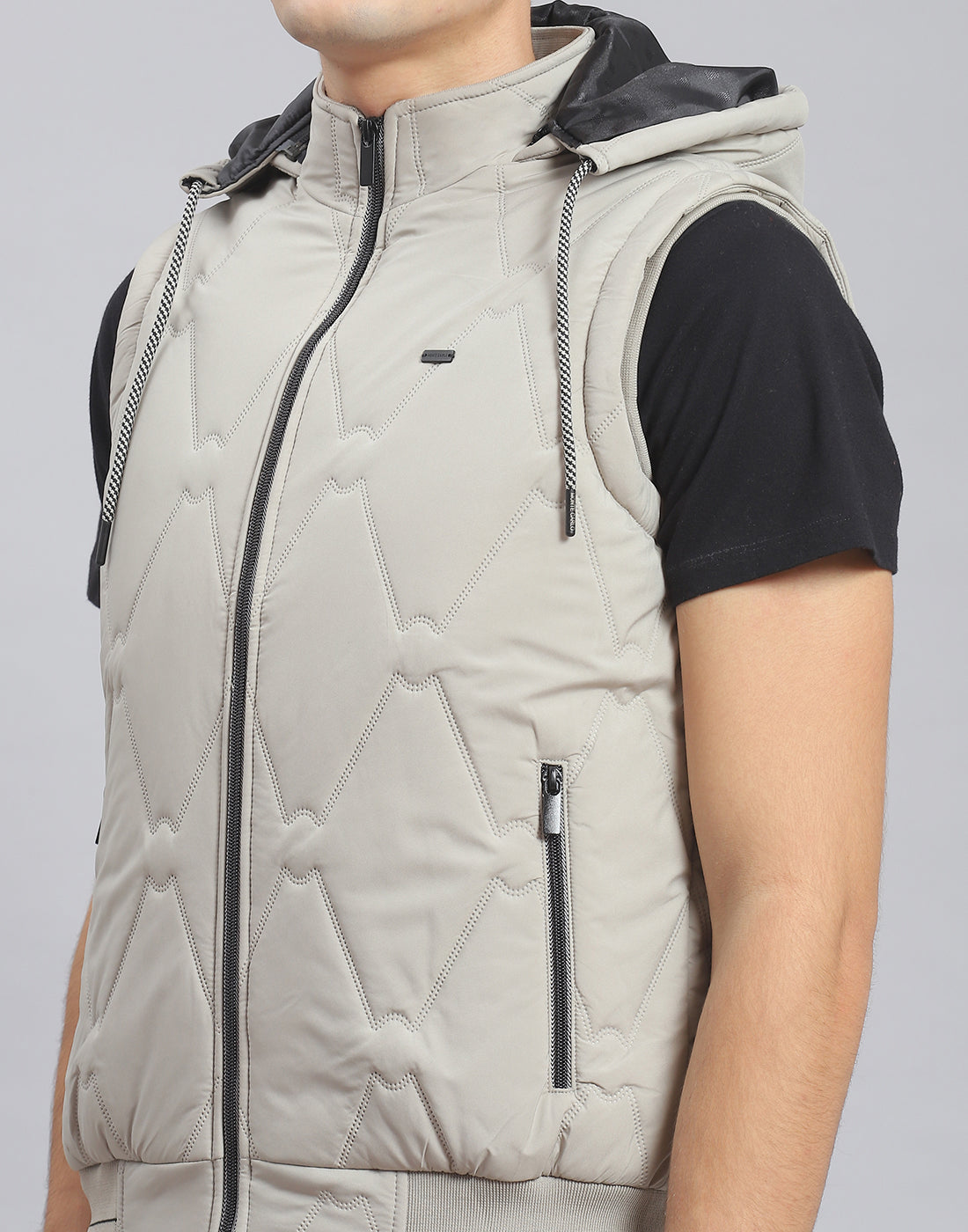 Men Beige Solid Hooded Sleeveless Jacket