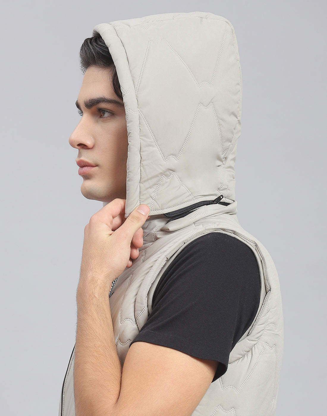 Men Beige Solid Hooded Sleeveless Jacket